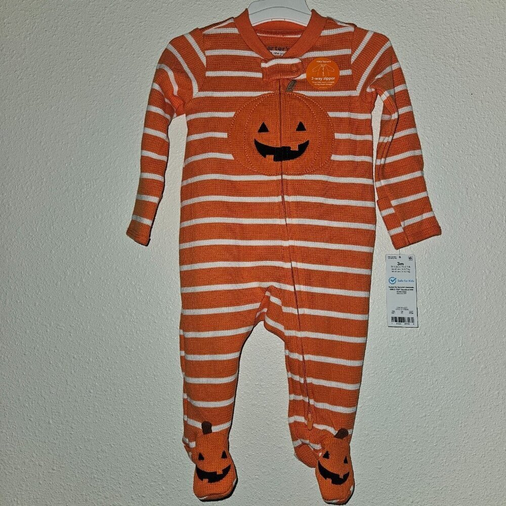 NWT Halloween Footie Pajamas 3 Months Waffle Knit Jack-O-Lantern Carter's Orange